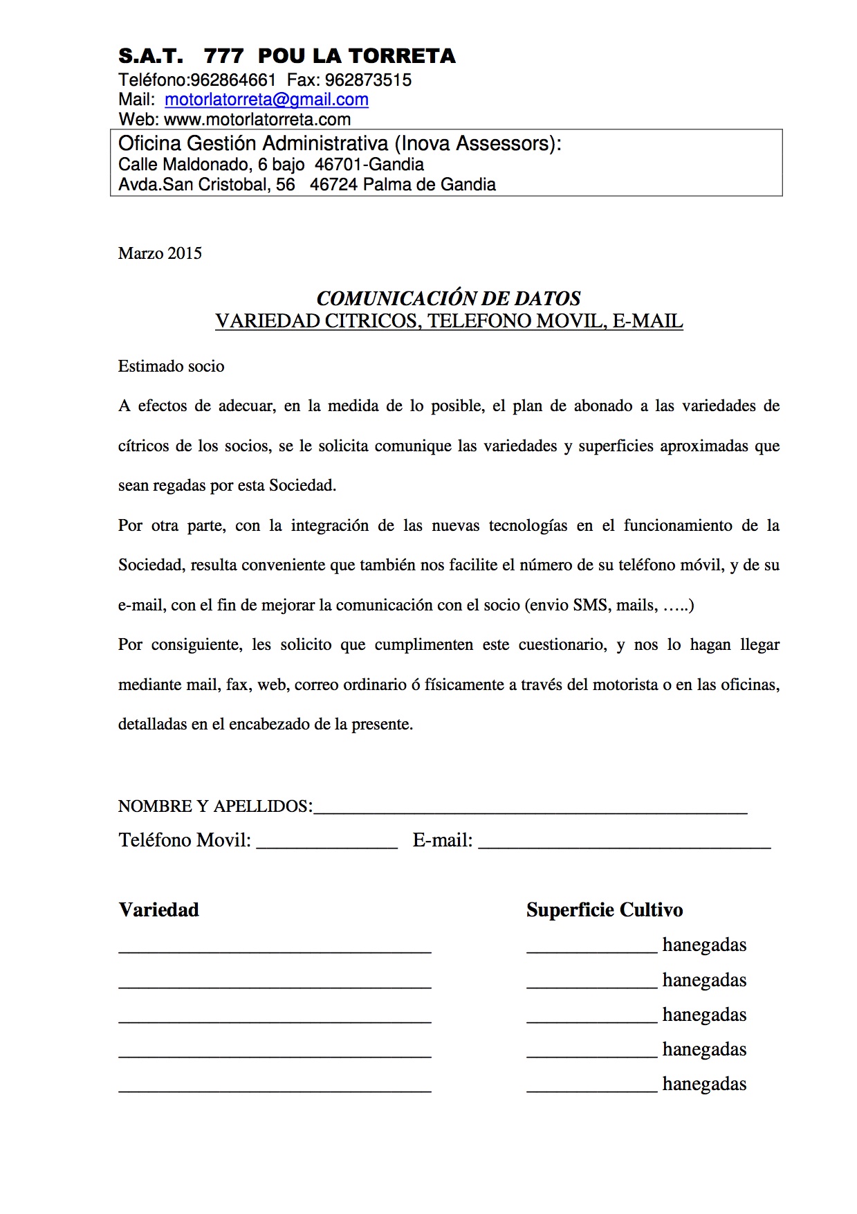 formulario COMUNICACION VARIEDADES, MAIL Y MOVIL SOCIOS TORRETA MARZO 2015